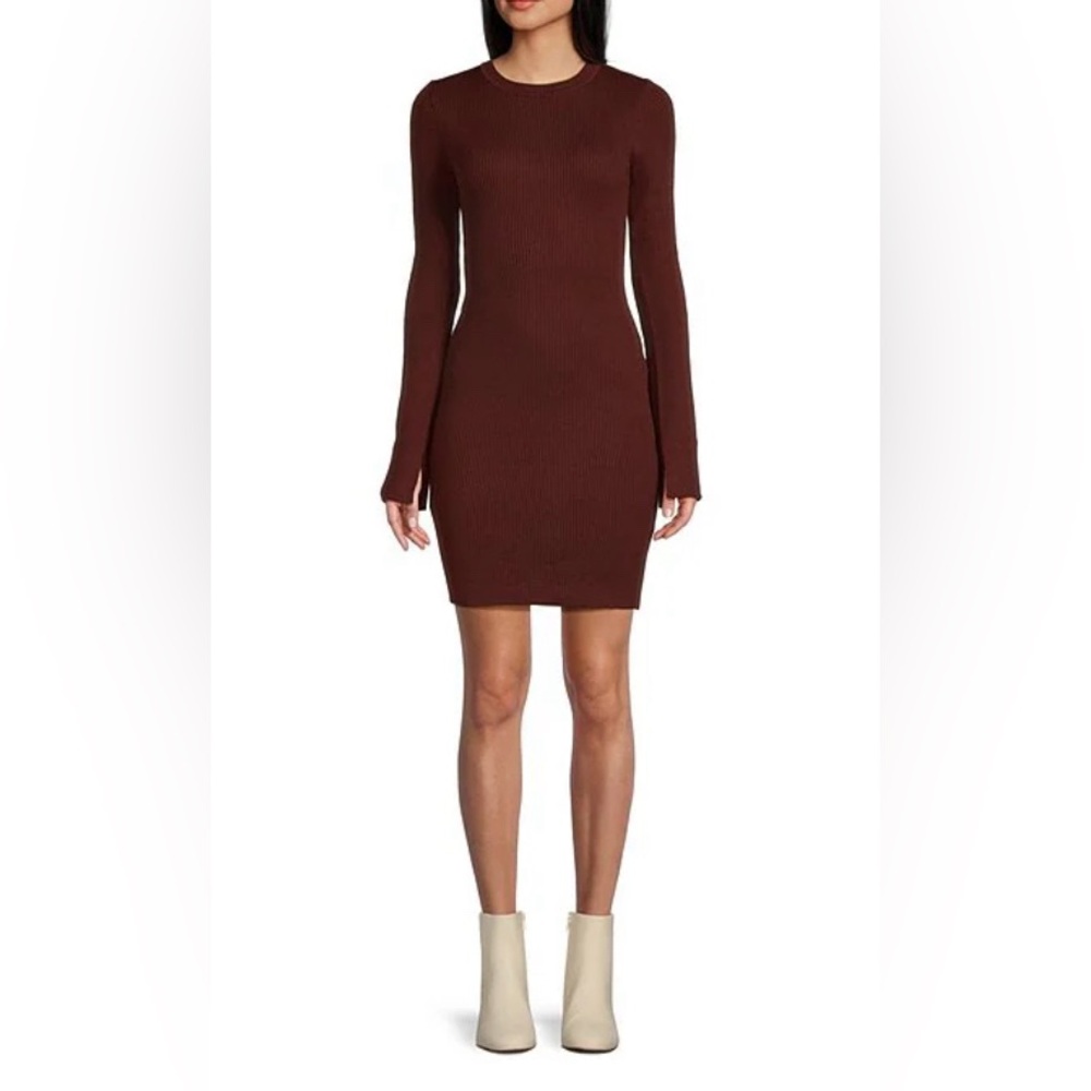 Maroon Long Sleeve Midi Ribbed Sweater Dress Statement Bell Sleeves